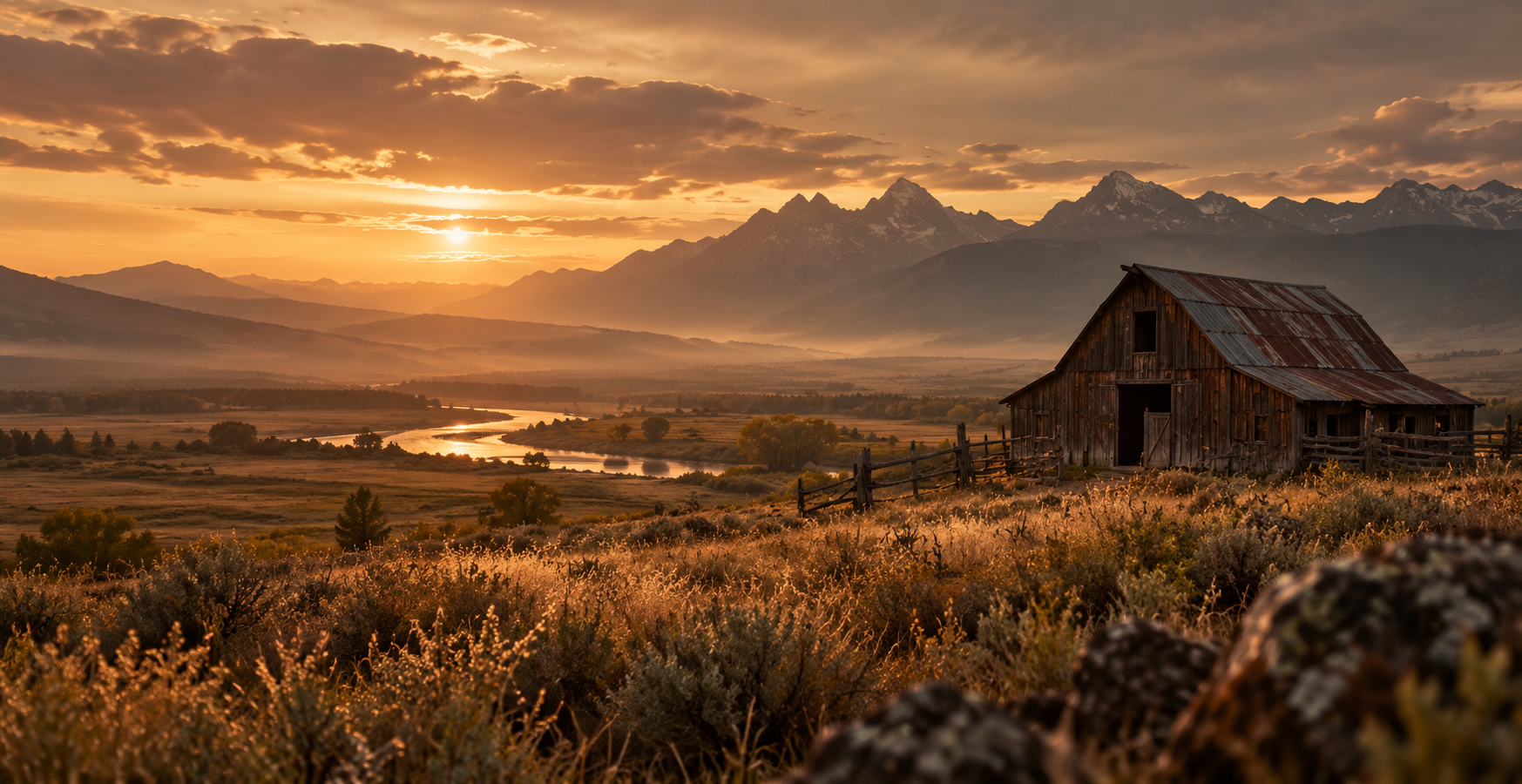A weathered barn and wooden fence above a winding river at golden sunset, with mountains rising in the distance
