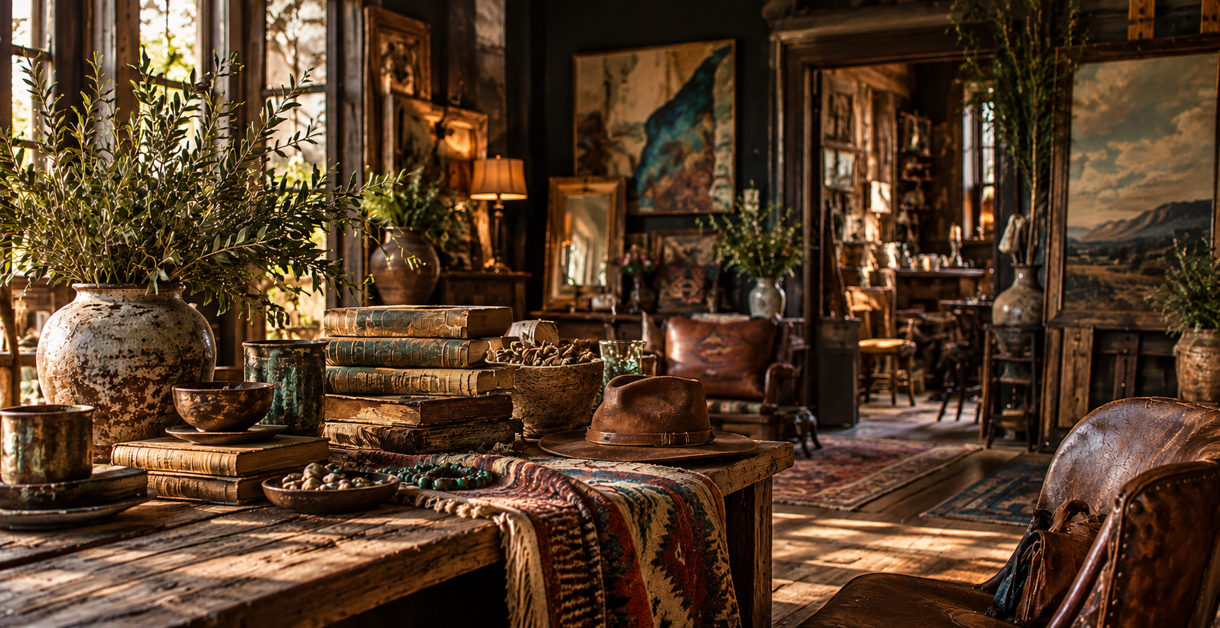 A sunlit room of layered objects — stacked books, stoneware, textiles, worn leather and greenery