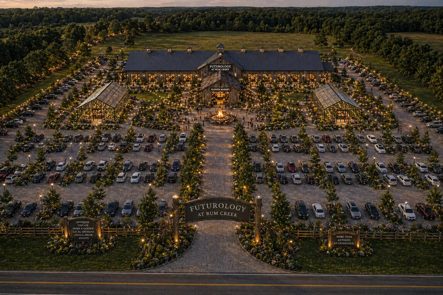 An aerial evening rendering of the future Futurology campus — a glowing market hall, glasshouses, tree-lined parking and a lit entrance sign reading Futurology