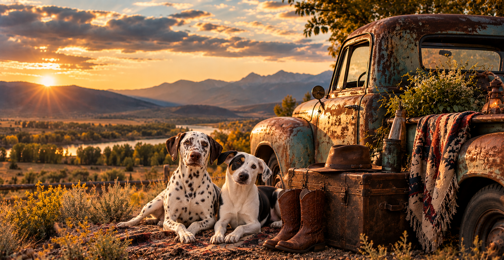Two dogs resting beside a rusted vintage truck at sunset with a leather hat, boots and a worn trunk overlooking a river valley