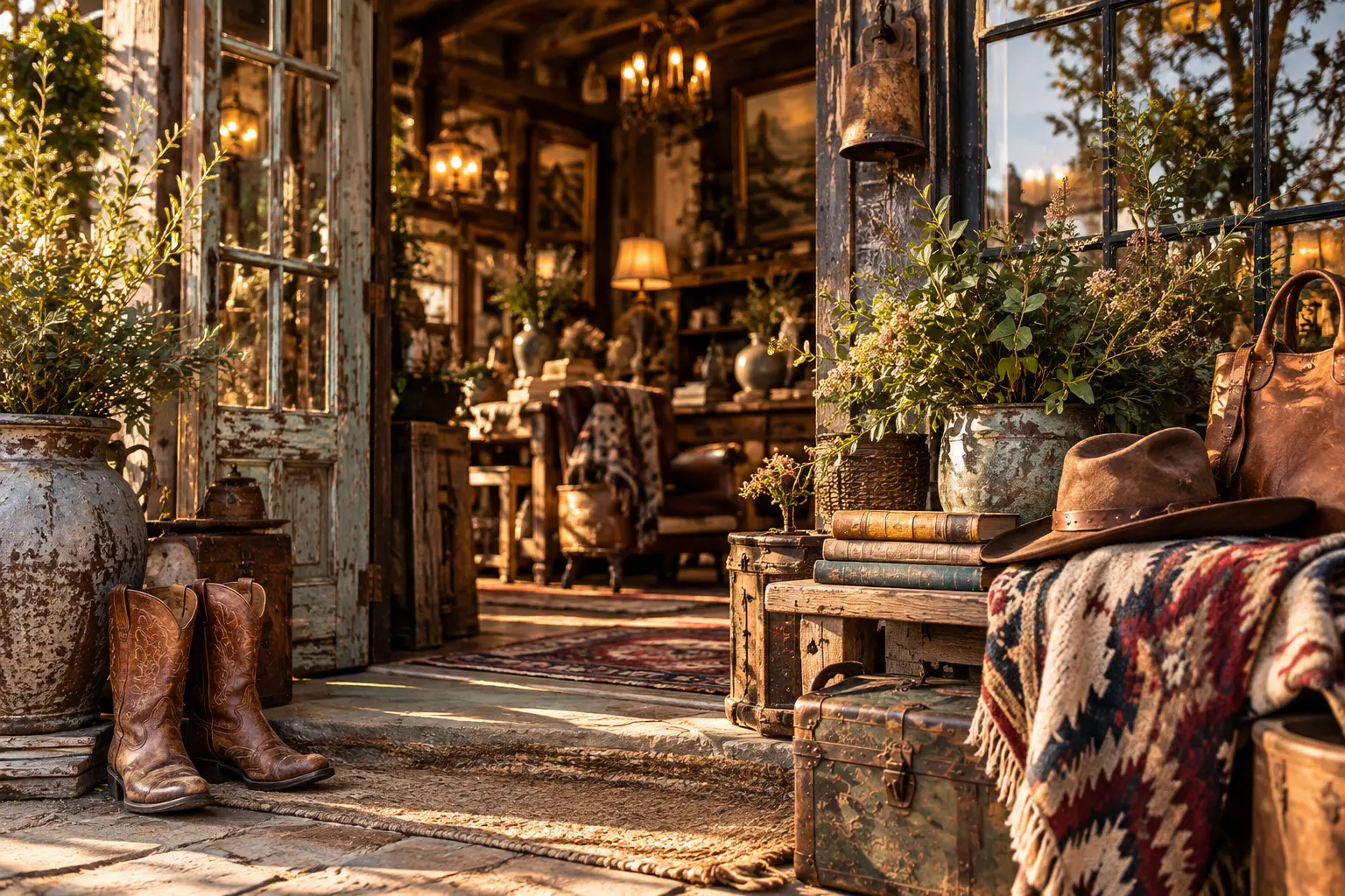 The doorway into a Futurology space — worn boots, stacked books, a felted hat, patterned textiles and greenery in morning light