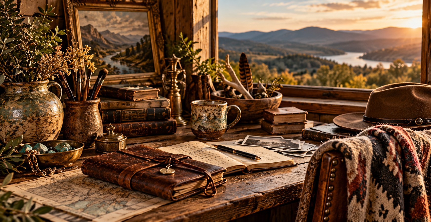 A sunlit writing desk with a leather journal, old books, a map, stoneware, turquoise stones and a felt hat, overlooking a mountain river valley at golden hour