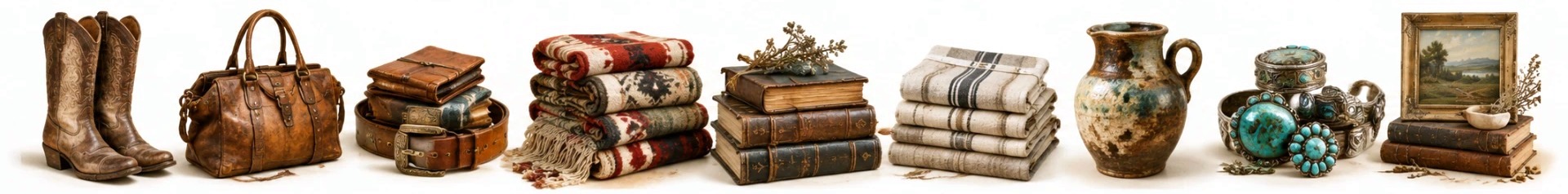 Boots, handbags, leather goods, wool blankets, books, linen, pottery, turquoise jewelry and framed art