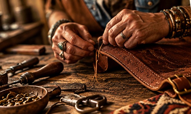 A maker's weathered hands stitching leather at a well-used workbench with tools and a worn leather bag