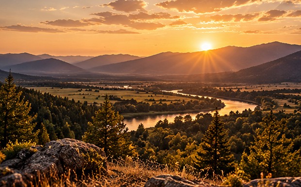 A golden-hour sunrise over a river valley and mountain ridgeline