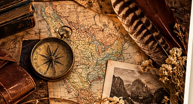 An old map with a brass compass, a leather journal, feathers and a vintage photograph