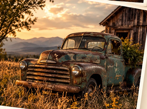 A rusted vintage truck with greenery in its bed beside an old timber barn at golden hour