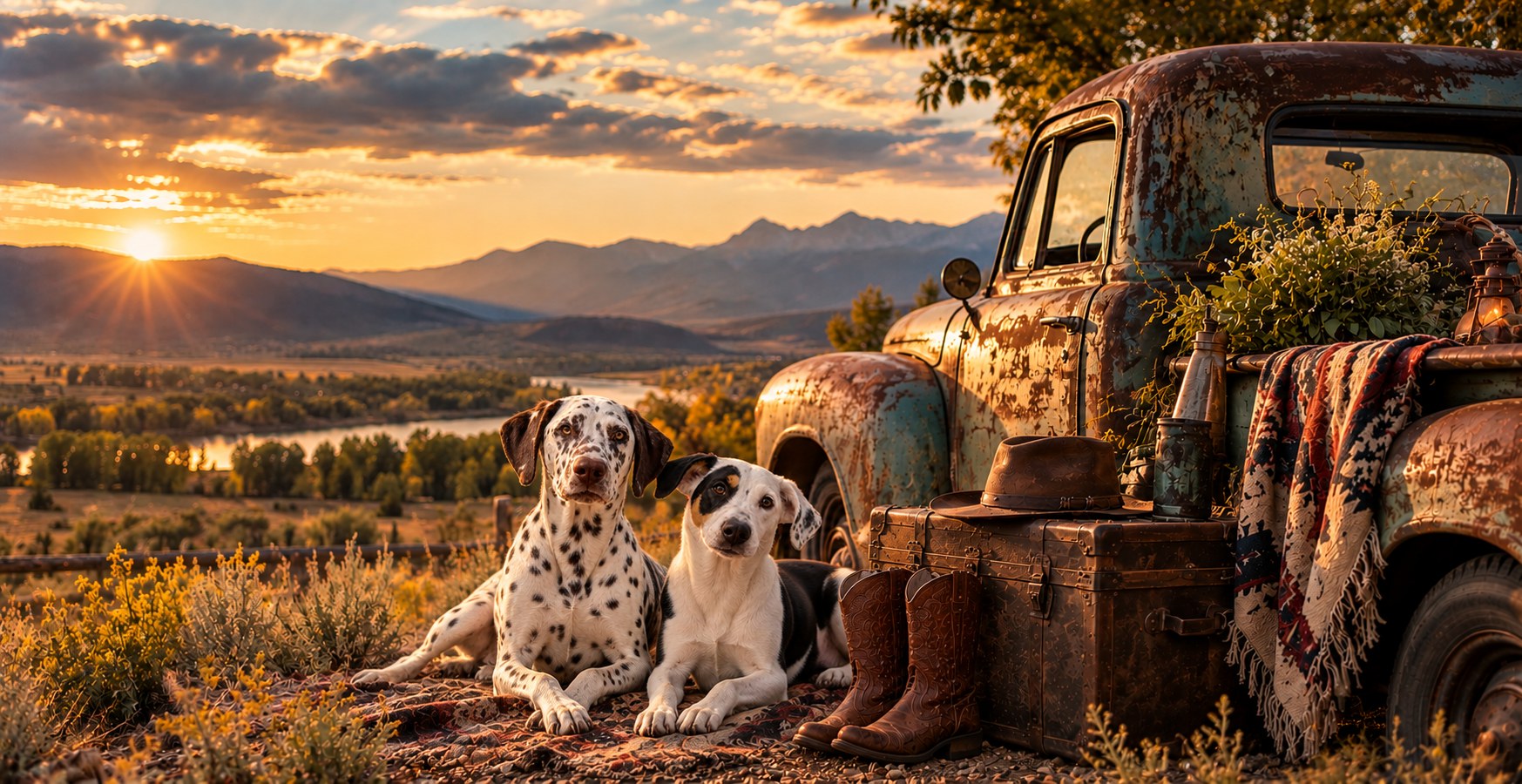 Two dogs resting beside a rusted vintage truck at sunset, with a leather hat, boots, a worn trunk and a mountain valley behind