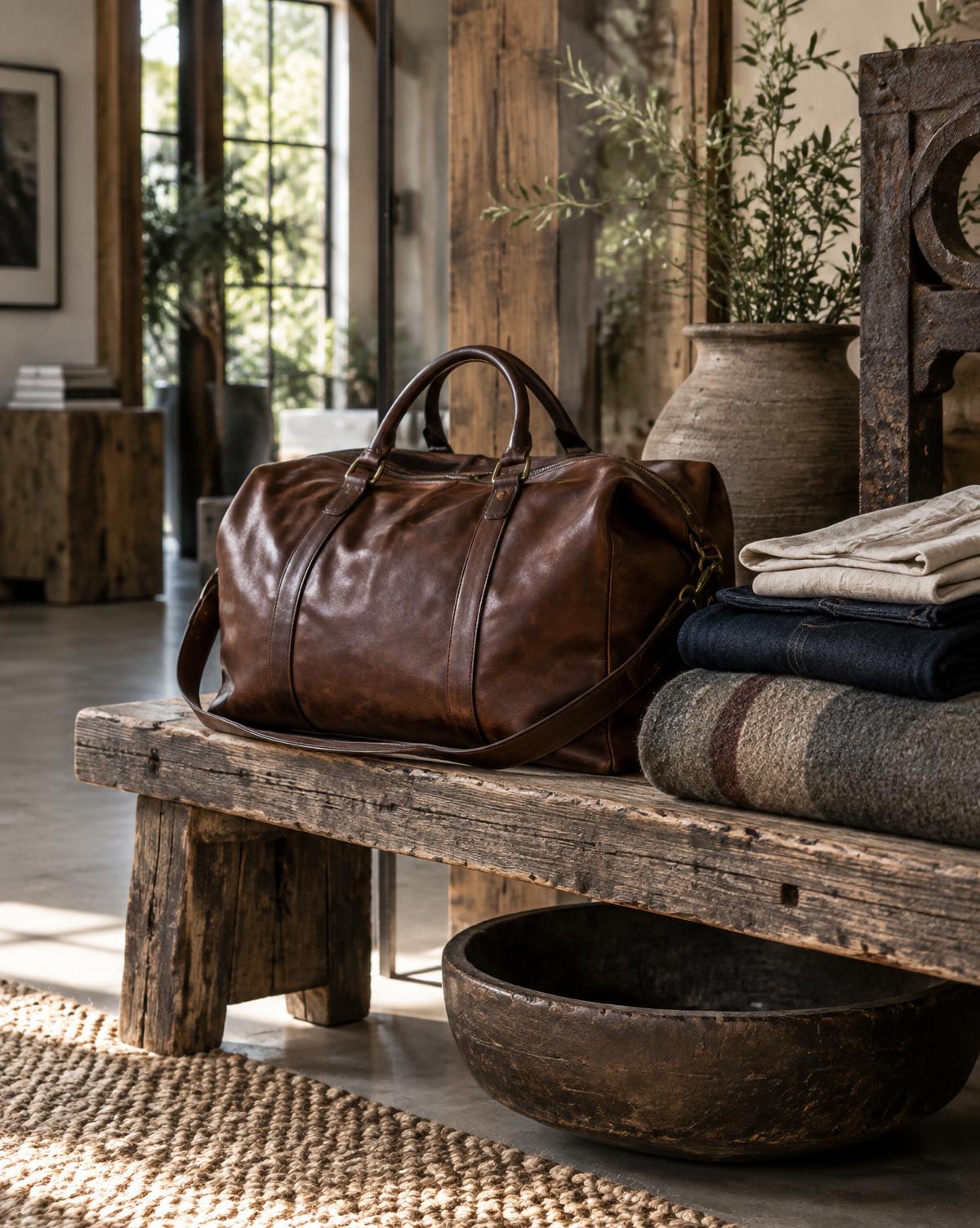 Close-up of worn leather, softened textiles and aged materials carrying the marks of long use