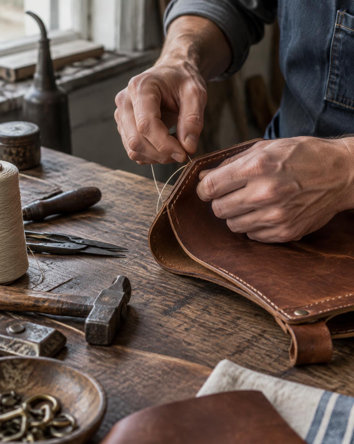 A maker's hands working leather, showing stitching and marks