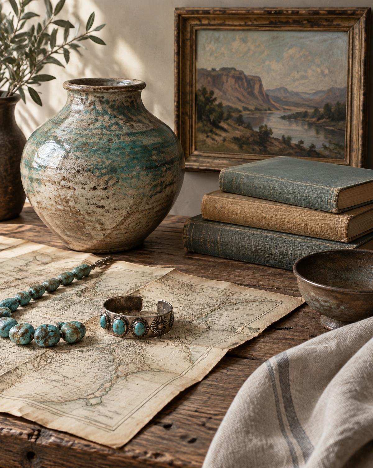 A still life of leather, old books, stoneware, wool and turquoise jewelry in warm light