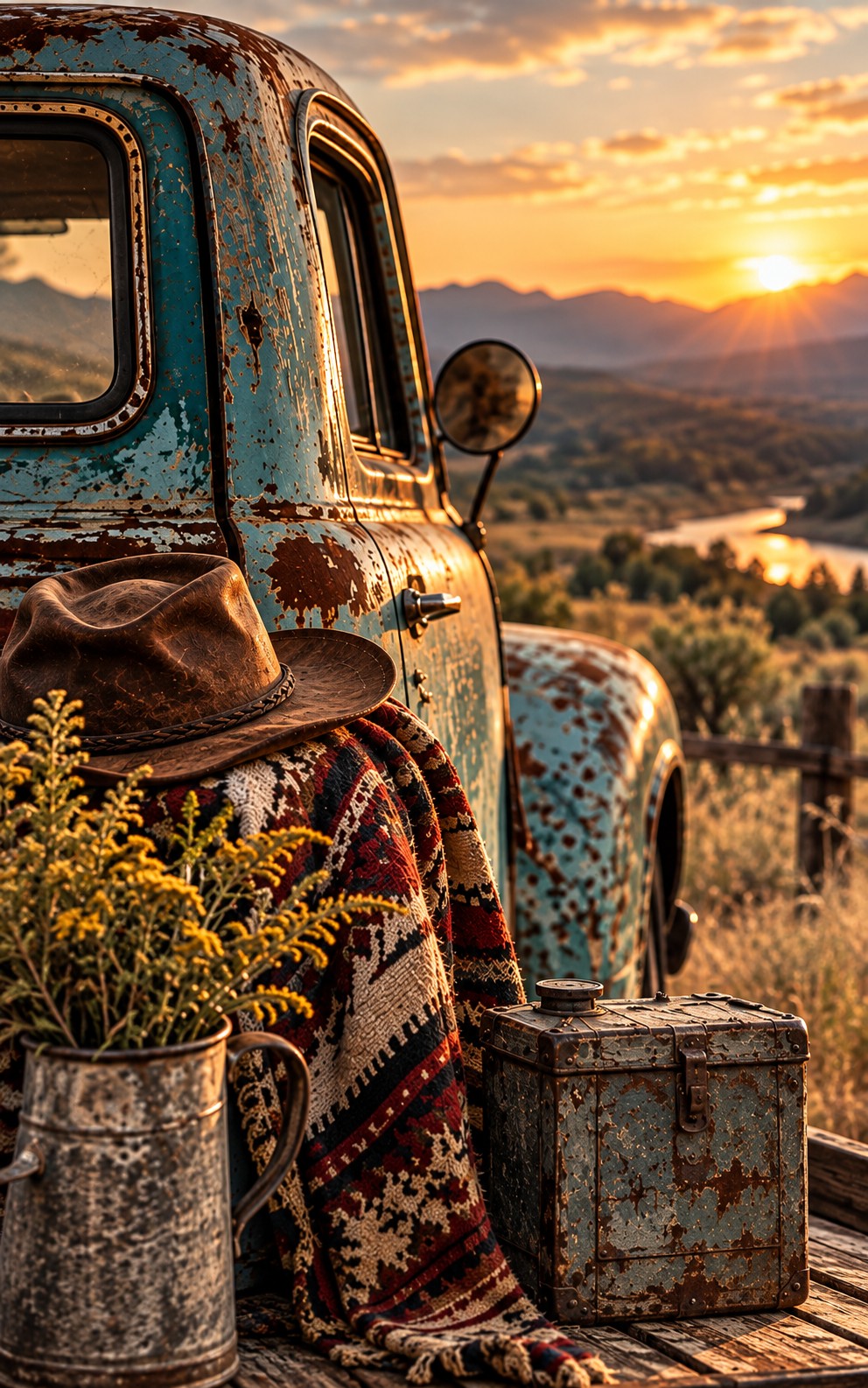 A rusted vintage truck at golden hour with a leather hat, patterned blanket and galvanized bucket